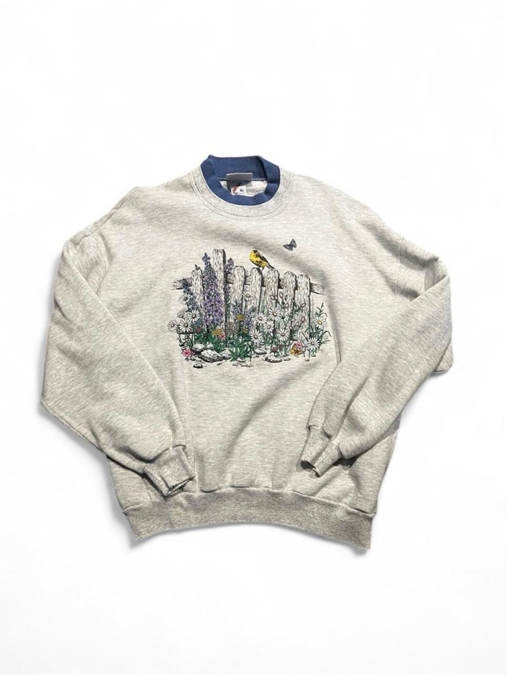 Heather Gray Crewneck Sweatshirt with Garden and Bird Motif